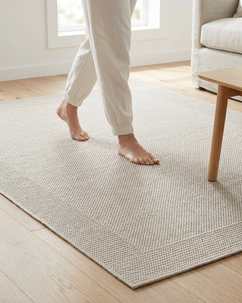 A light beige textured area rug on a light wood floor in a bright living room, with a person walking barefoot on the rug and a sofa and side table visible.