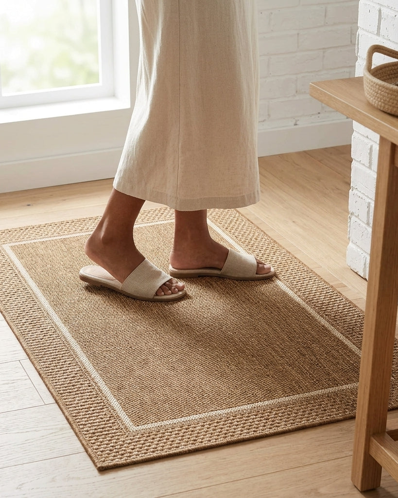 Person wearing white sandals on a woven mat in a home setting