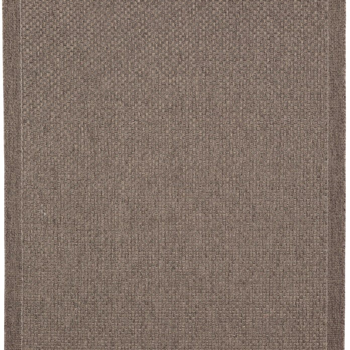 A square area rug with a textured, woven jute-like pattern in a warm taupe-brown color, featuring a subtle stitched border.