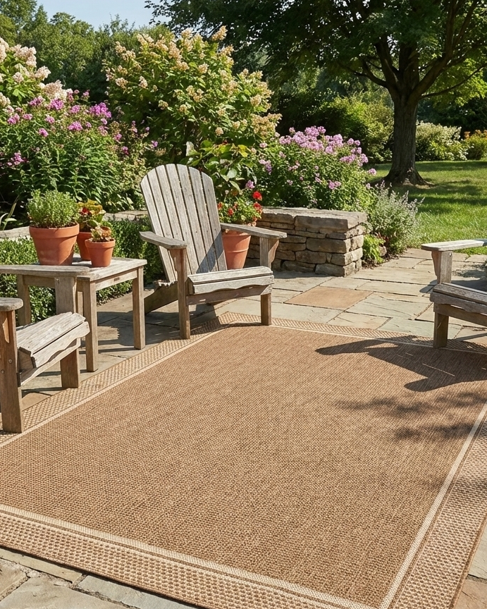 Outdoor patio with wooden chairs and a woven rug in a garden setting