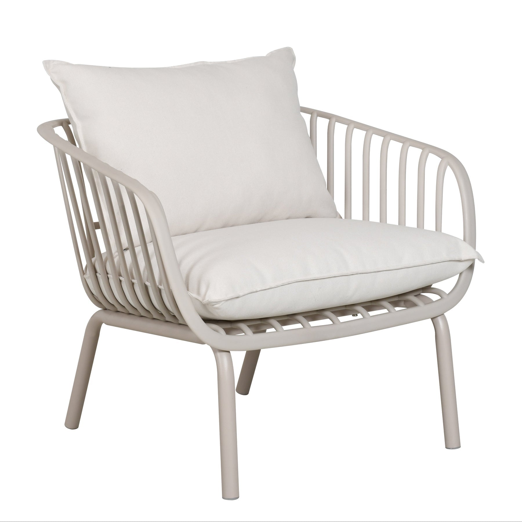 A modern outdoor lounge chair with a light gray metal slatted frame and thick off-white cushions, shown against a plain white background.