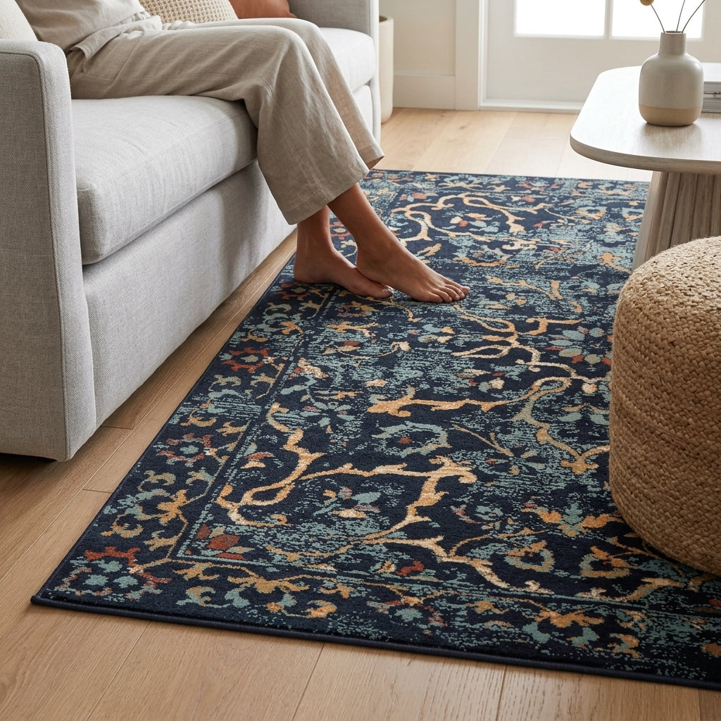 A rectangular area rug with a dark navy blue background and an intricate traditional floral pattern in beige, light blue, and rust orange, shown on a light wood floor in a living room next to a sofa and a person's bare feet.