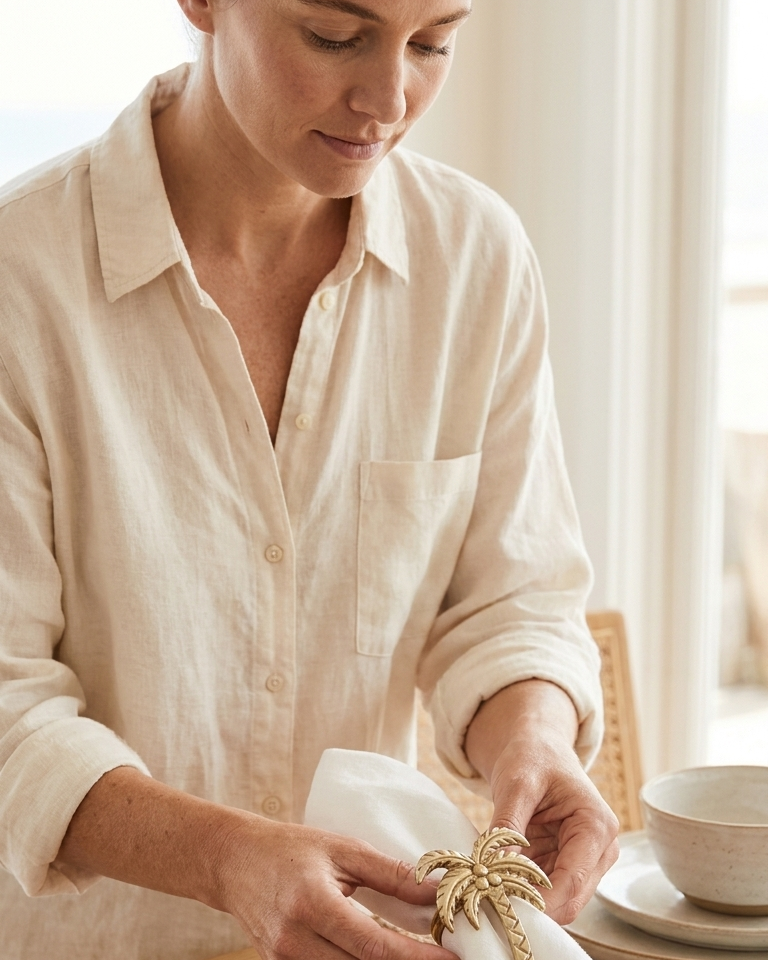 A woman in a cream linen shirt is shown from the chest down, placing a gold palm tree napkin ring onto a white cloth napkin at a wooden dining table.