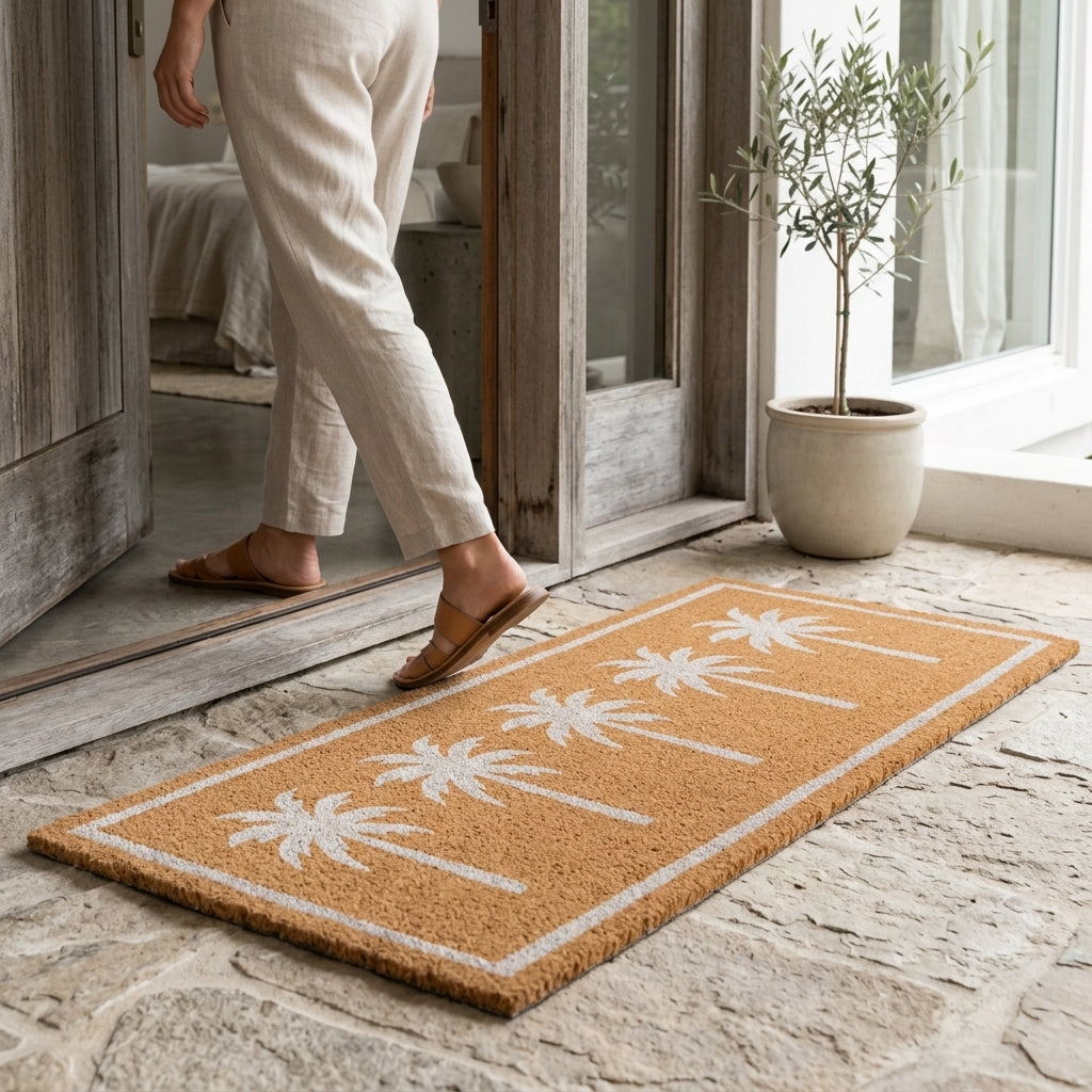 Doormat with palm tree design on a stone floor, person entering through glass door.