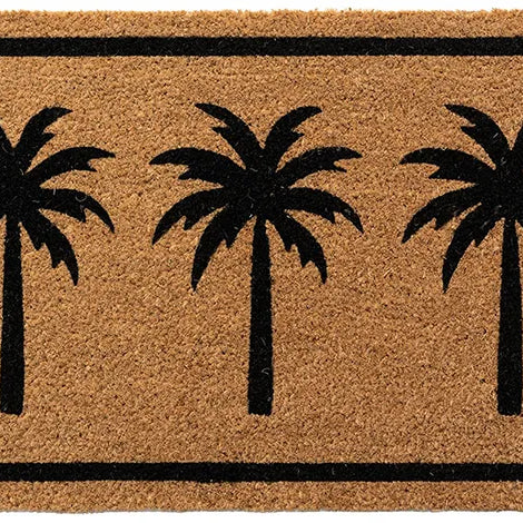 Doormat with three black palm tree designs on a beige background