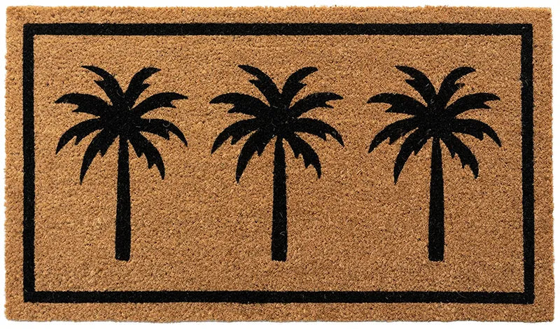 Doormat with three black palm tree designs on a beige background