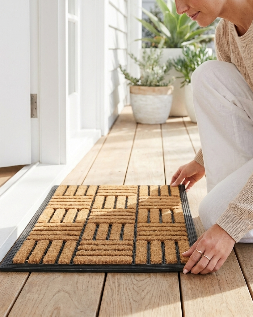 A person crouches on a wooden porch floor to place a rectangular coir doormat with a black border and raised stripe pattern. The scene is bright and airy with white door trim, potted plants, and natural sunlight.