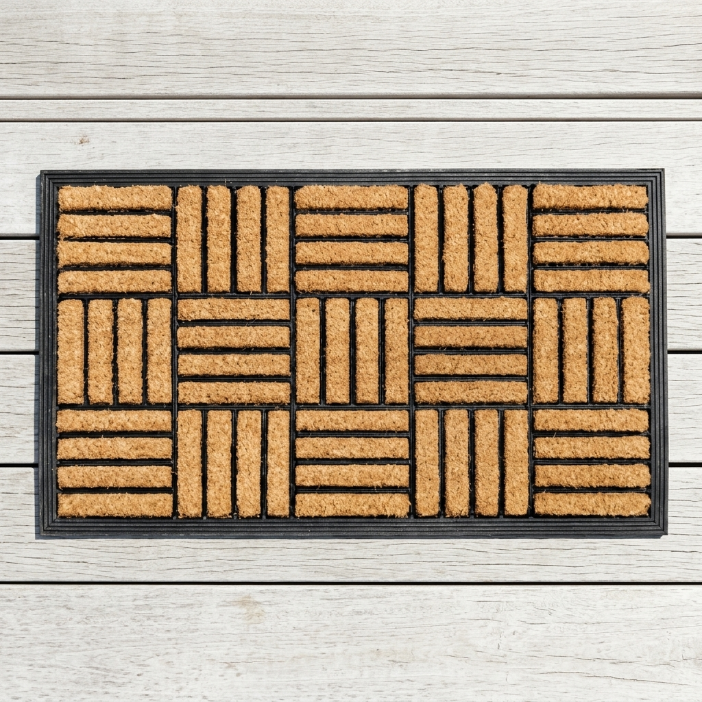 A rectangular coir doormat with a black border and a woven basketweave pattern, shown flat on a light gray wood plank background.
