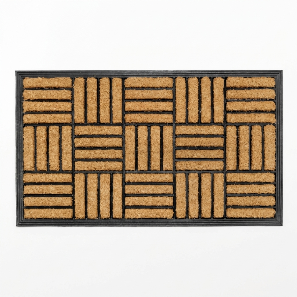 A rectangular coir doormat with a black border, featuring a woven basketweave pattern of natural tan coir strips on a white background.