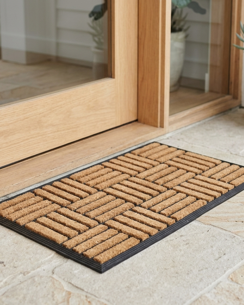 A rectangular coir doormat with a black border, shown on a stone patio in front of a wooden door.