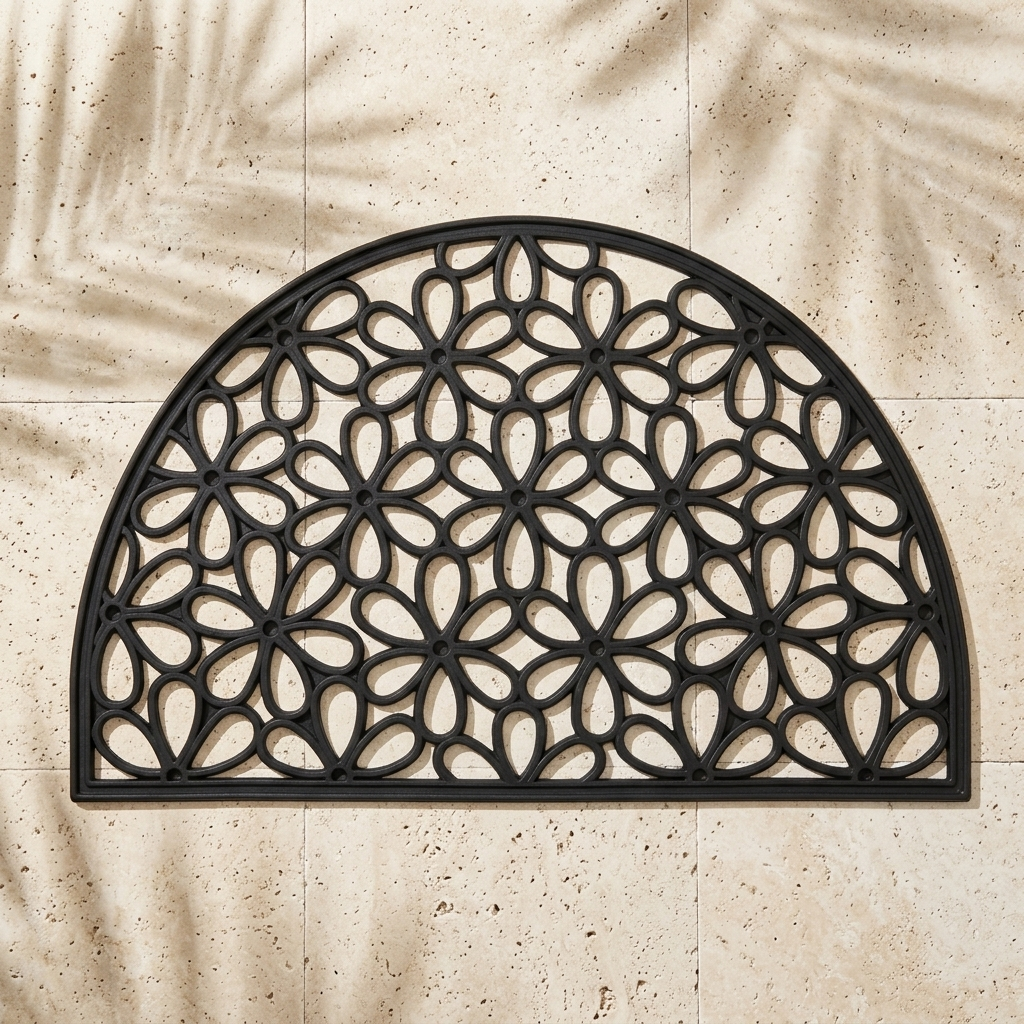 A black metal semi-circular doormat with an intricate floral lattice pattern, displayed on a beige stone tile surface with soft palm leaf shadows.