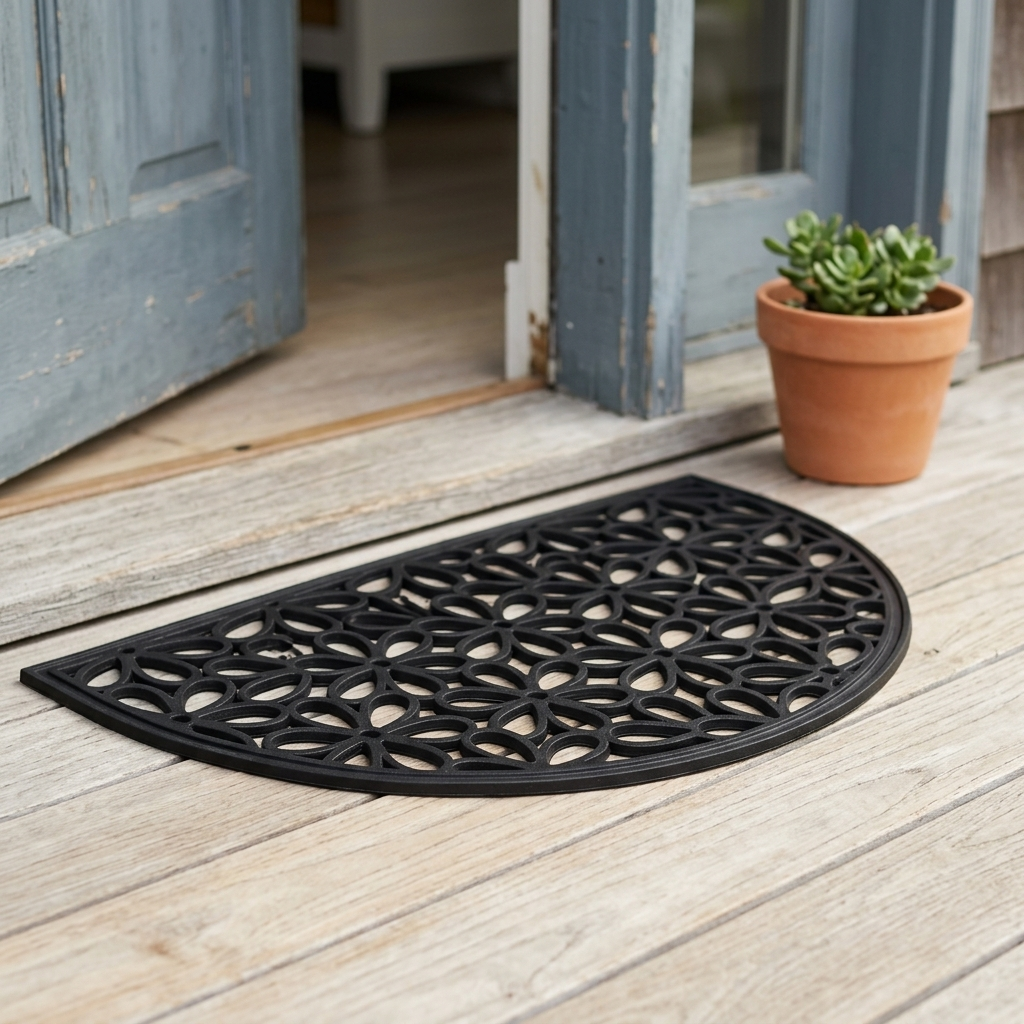 A black semi-circular doormat with an intricate geometric interlocking pattern, placed on a light-colored wooden porch next to a potted succulent.