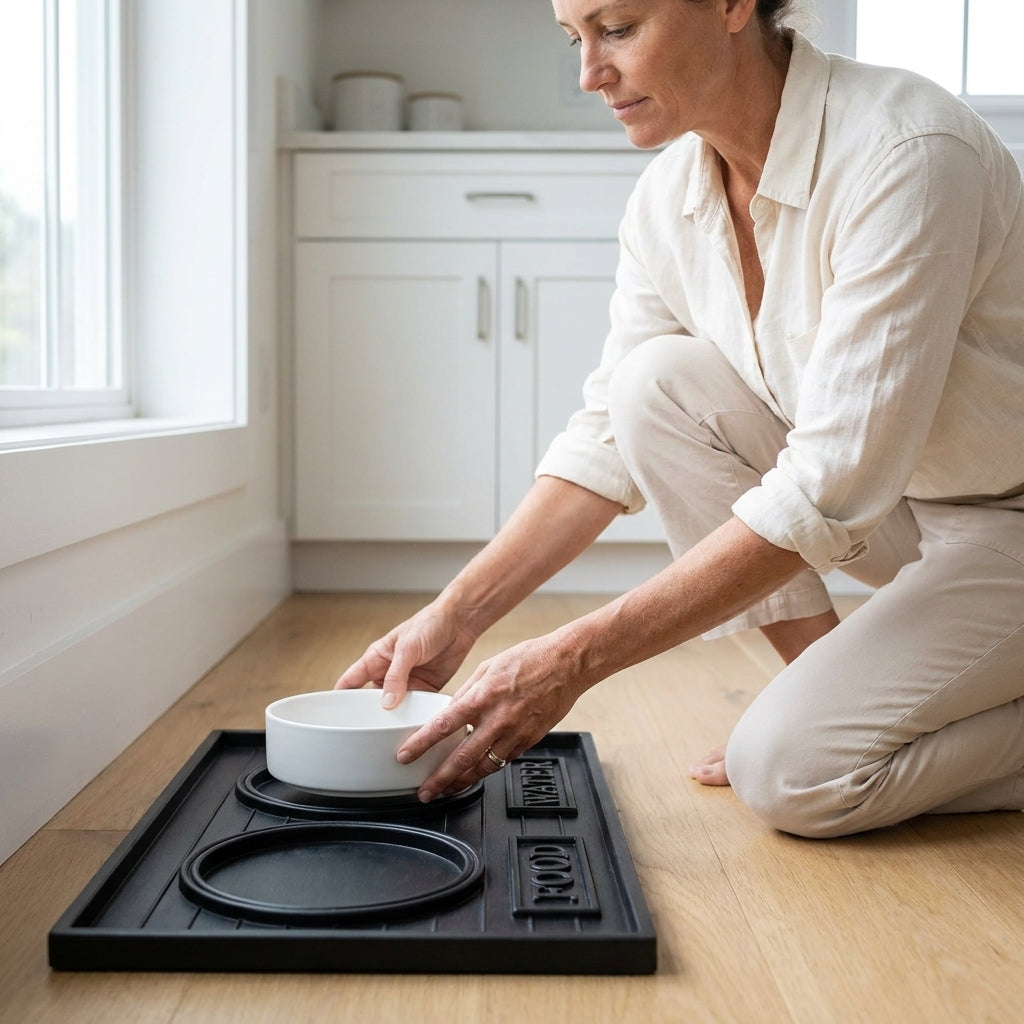Woman placing a white bowl on a black tray in a kitchen.