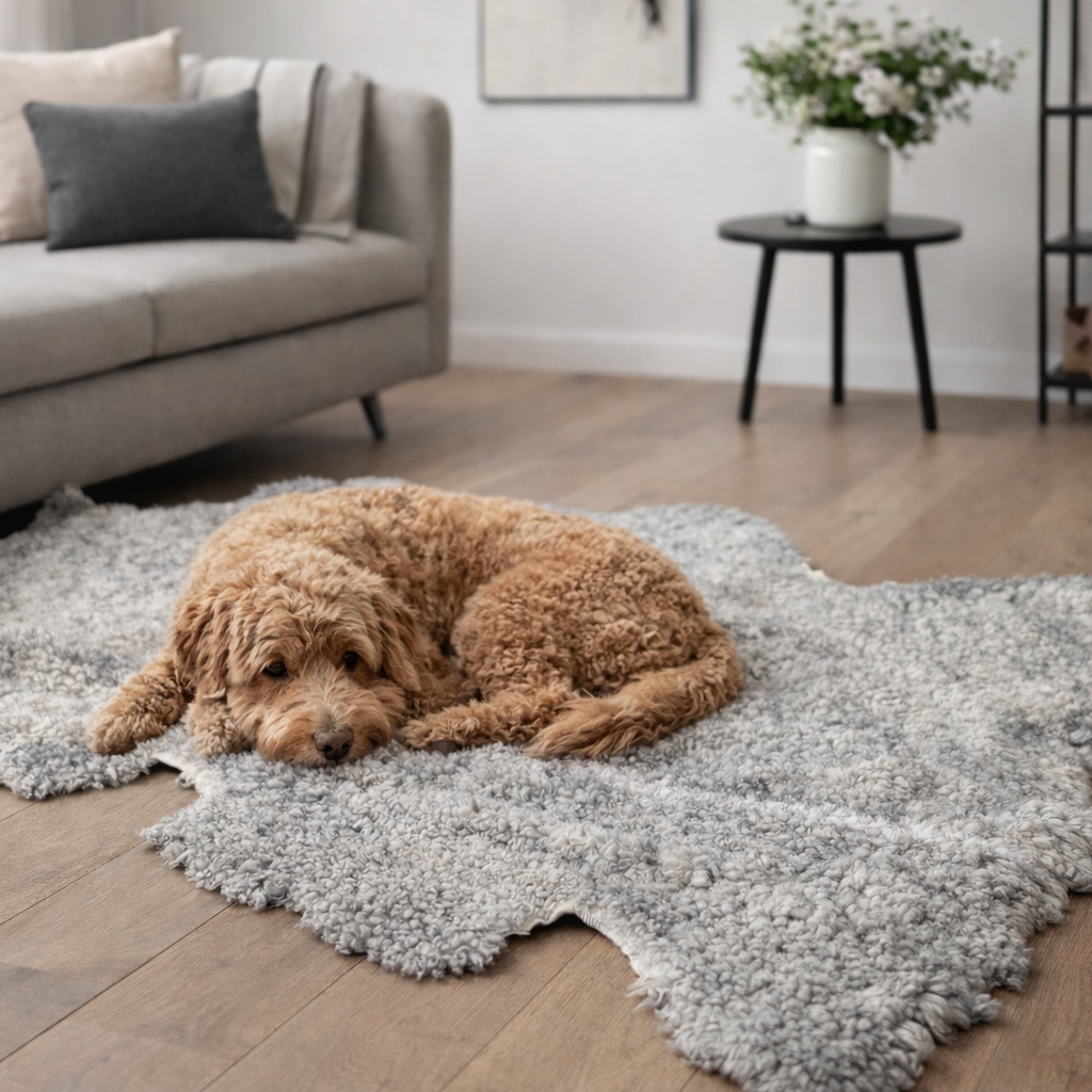 Dog lying on a textured rug in a living room with a couch and decor.