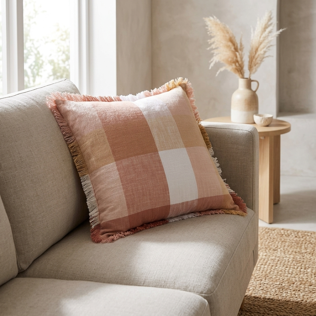 A square throw pillow with a muted plaid pattern in dusty pink, beige, and white, featuring fringed edges, resting on a light gray sofa in a bright, modern living room.