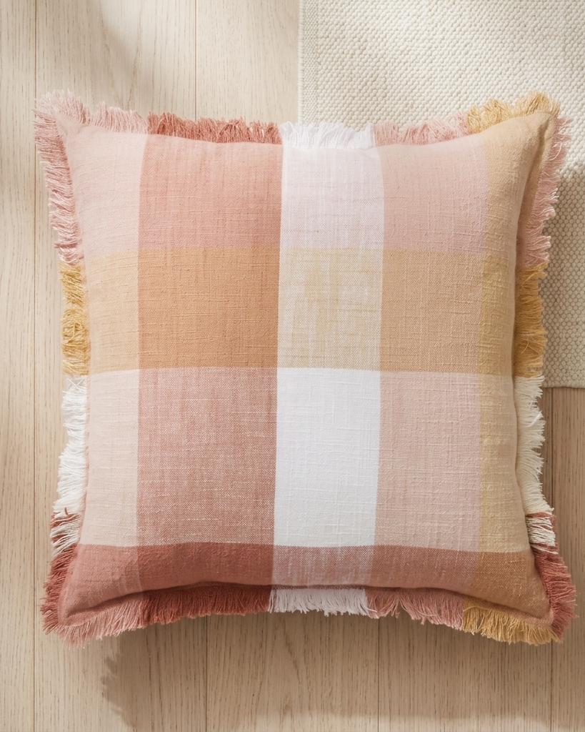 A square throw pillow with a soft plaid pattern in dusty pink, peach, cream, and white, finished with fringed edges, styled on a light wood floor next to a woven rug.