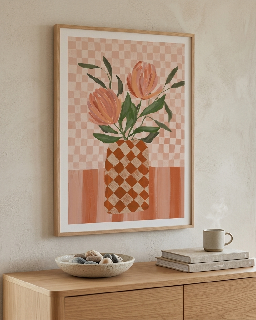 A framed art print featuring a stylized floral illustration with peach tulips in a diamond-patterned vase, hung on a beige wall above a light wood console table with a bowl, books, and a mug.