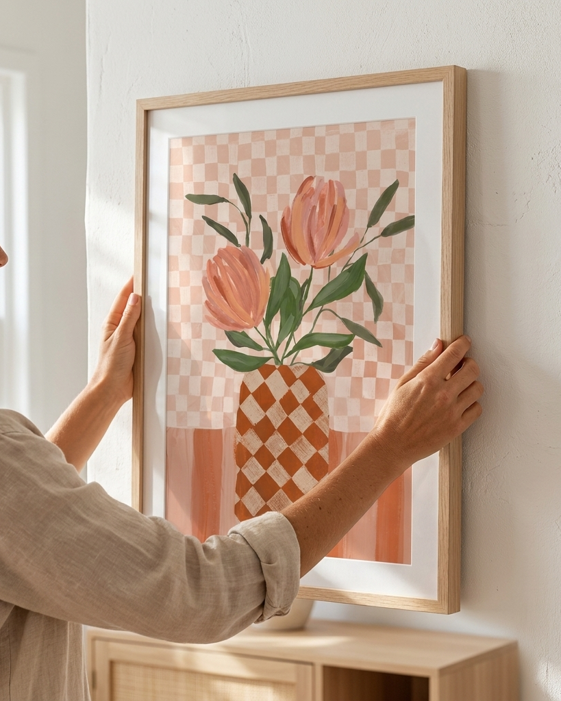 A woman in a beige linen shirt hangs a framed art print on a white textured wall. The print features a stylized illustration of pink tulips in a checkered orange and white vase against a pink and white checkered background, in a light natural wood frame.