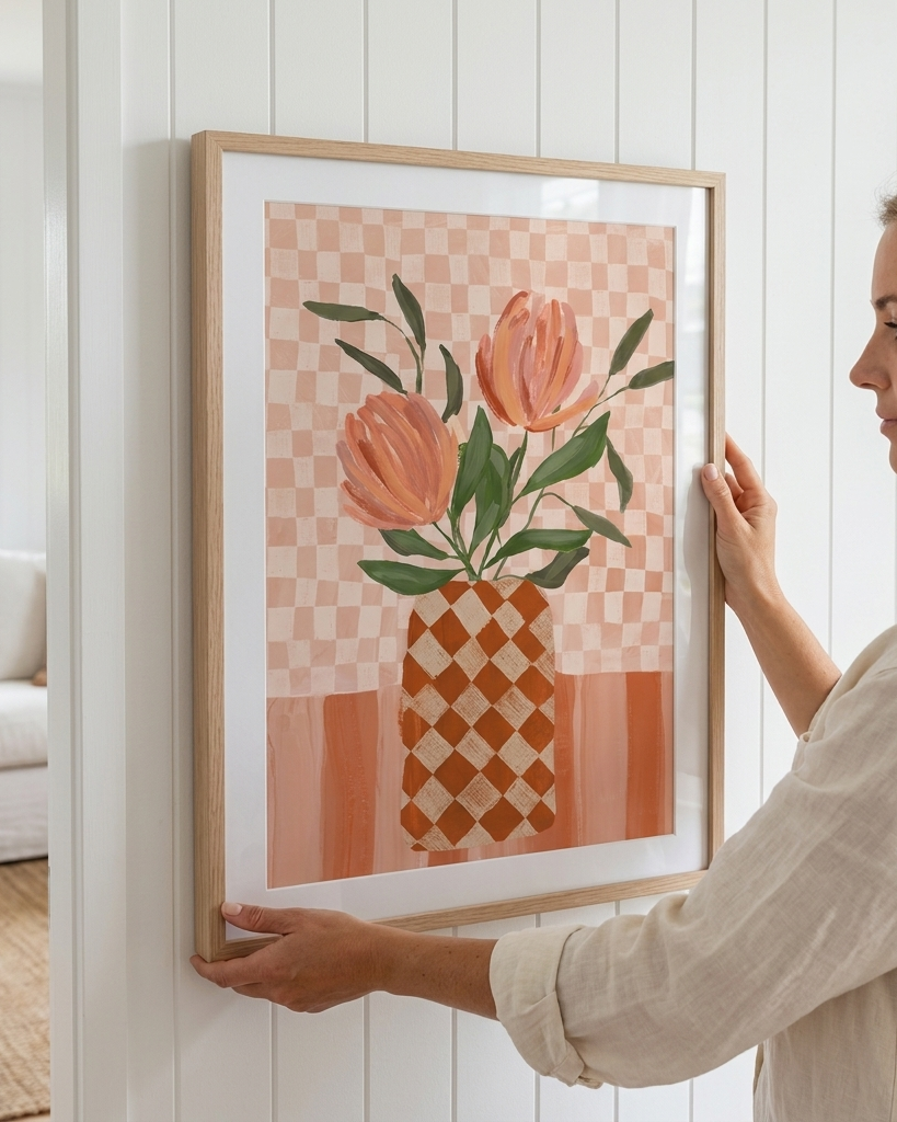 A woman in a cream linen shirt hangs a framed art print on a white paneled wall. The print features a stylized illustration of orange tulips in a patterned vase against a peach and white checkerboard background.