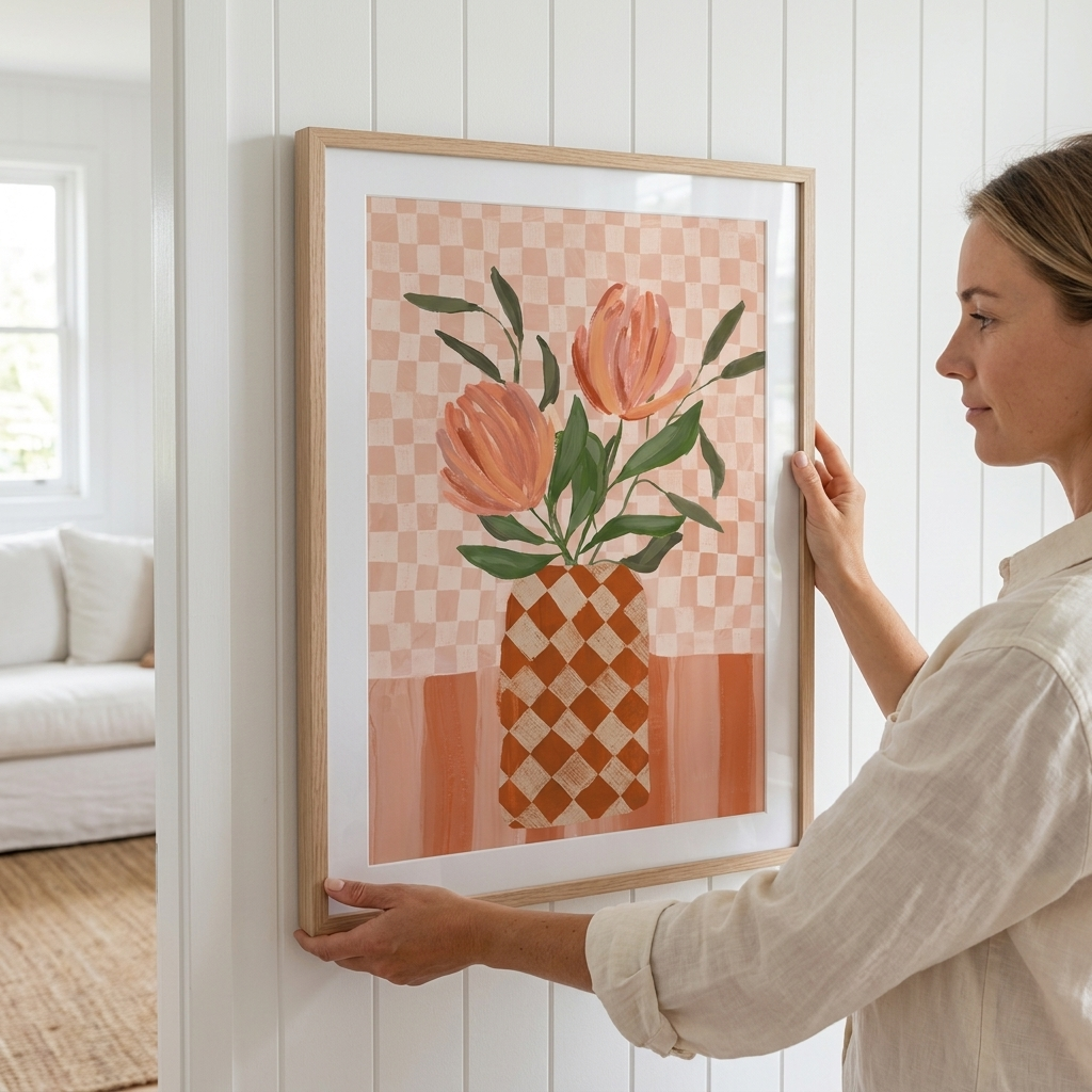A woman in a cream linen shirt hangs a framed art print on a white paneled wall. The print features a stylized illustration of orange tulips in a patterned vase against a peach and white checkerboard background.