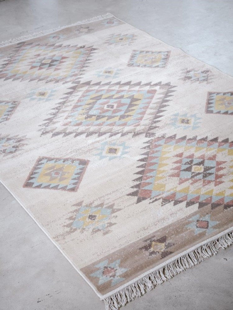 Patterned rug with geometric design on a plain floor