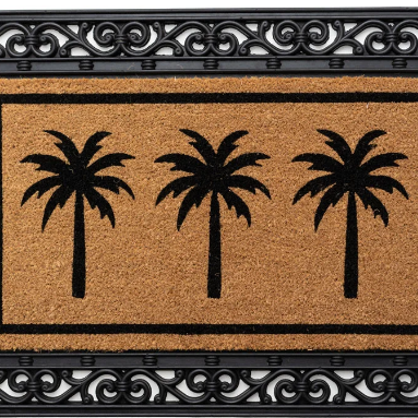 Doormat with palm tree design and decorative black frame
