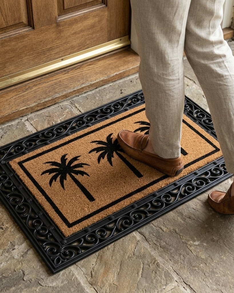 Person stepping onto a doormat with palm tree design at the entrance of a building.