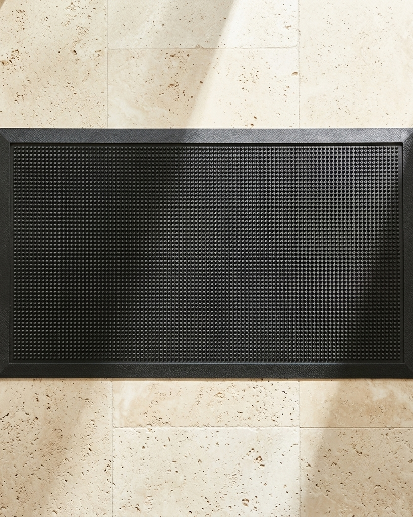 A rectangular black textured doormat with a raised border, shown from above on a light beige stone tile floor with soft diagonal shadows.