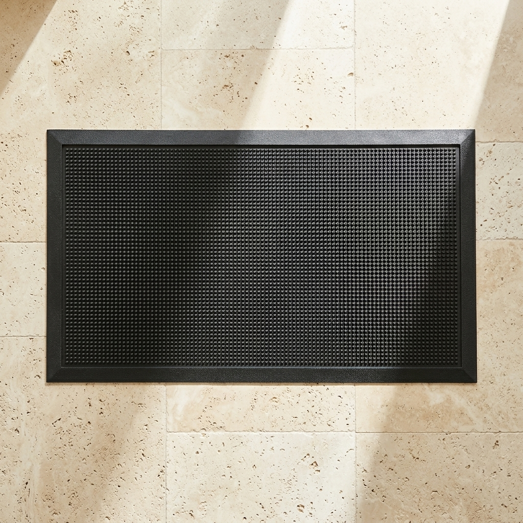 A rectangular black textured doormat with a raised border, shown from above on a light beige stone tile floor with soft diagonal shadows.
