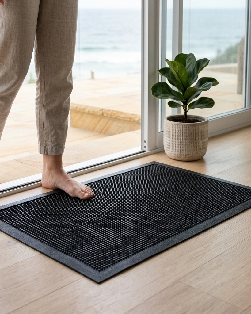 A black textured rubber door mat with a raised border, shown on a light wood floor in front of glass doors. A person's bare feet and lower legs are stepping onto the mat, and a potted green plant sits nearby.