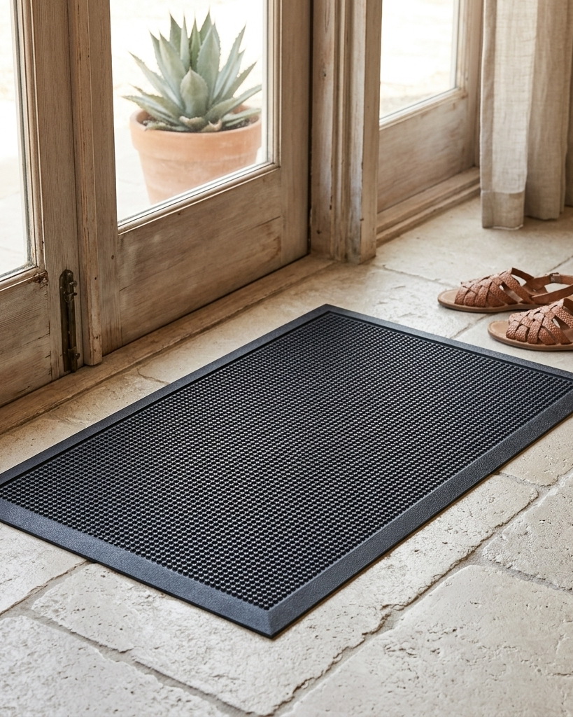 A black rectangular mat with a raised grid texture lies on a light stone floor in front of wooden glass doors, with a pair of brown sandals nearby and a potted succulent visible outside the door.