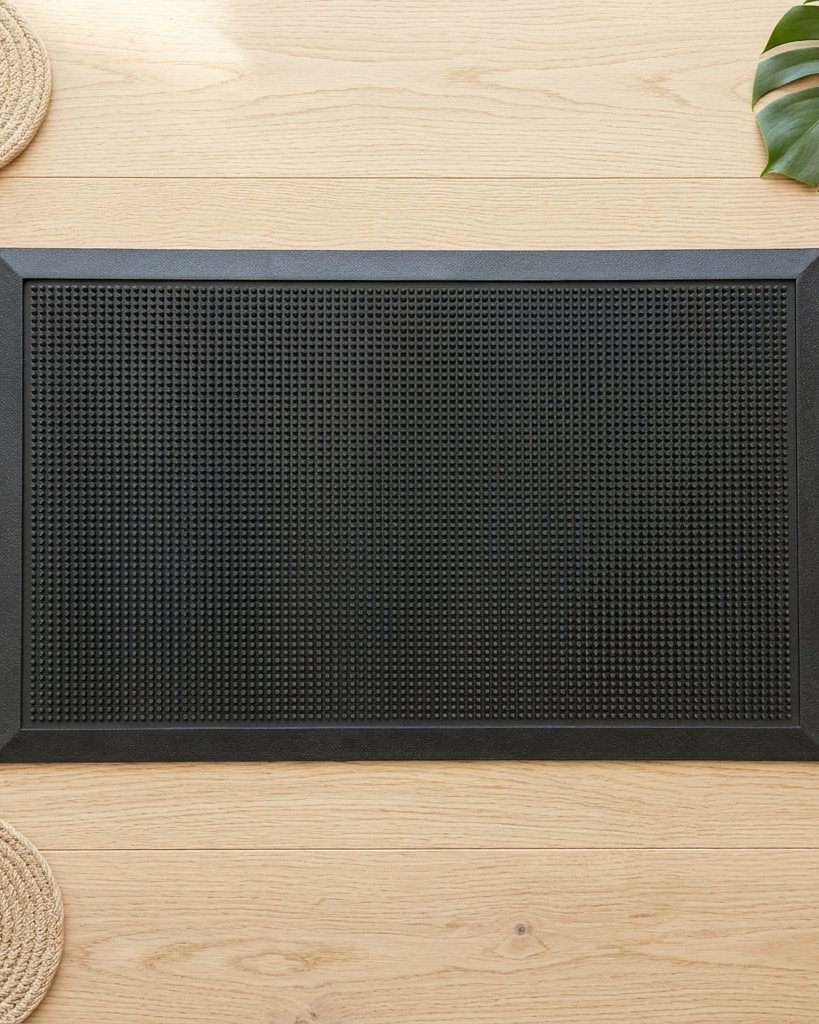 A black rectangular mat with a raised border and a dense textured surface, photographed from above on a light wood surface with woven placemats and a green leaf as styled props.