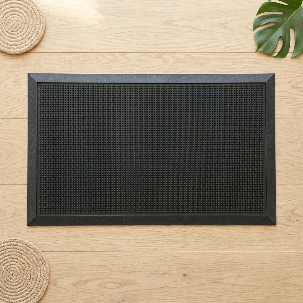 A black rectangular mat with a raised border and a dense textured surface, photographed from above on a light wood surface with woven placemats and a green leaf as styled props.