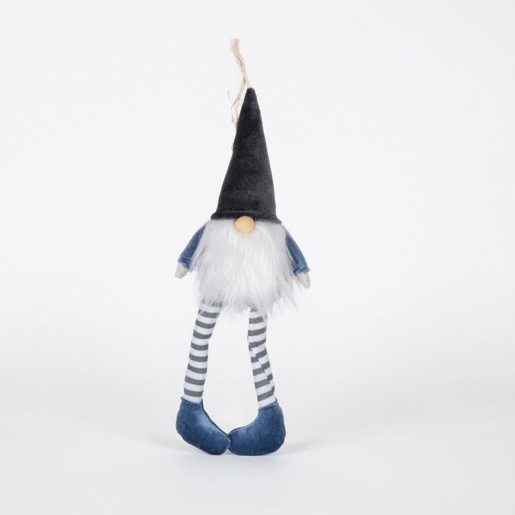 A plush gnome decoration with a tall black pointed hat, white faux-fur face and beard, blue sleeves, gray-and-white striped legs, and blue shoes, shown against a plain white background.