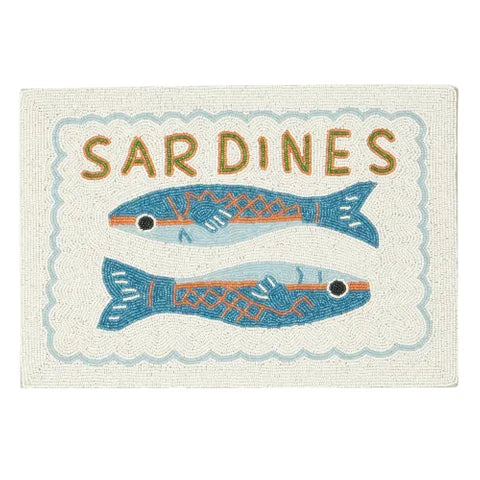 Doormat with 'Sardines' text and illustrations of sardines on a white background