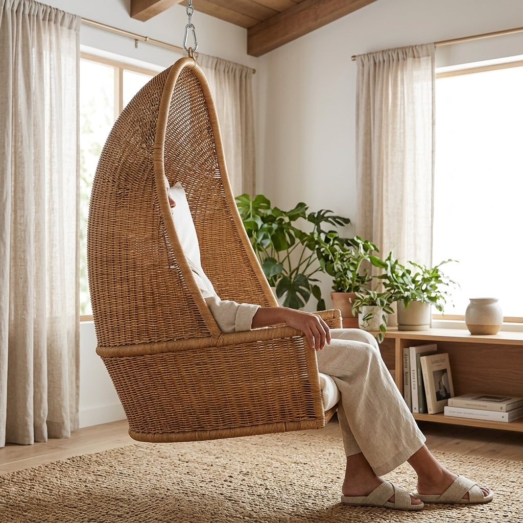 Person sitting in a wicker egg chair in a bright room with plants and books.