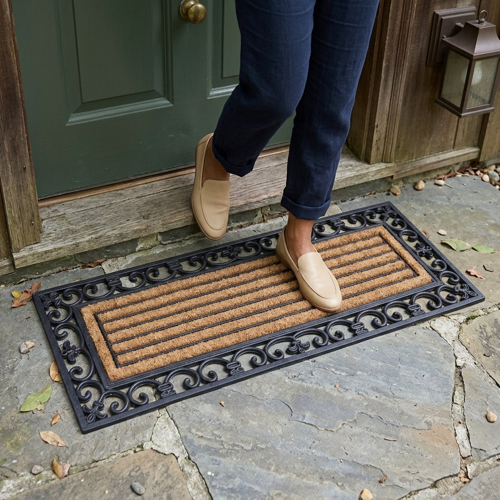 Doormat with 'Welcome' text on a white background