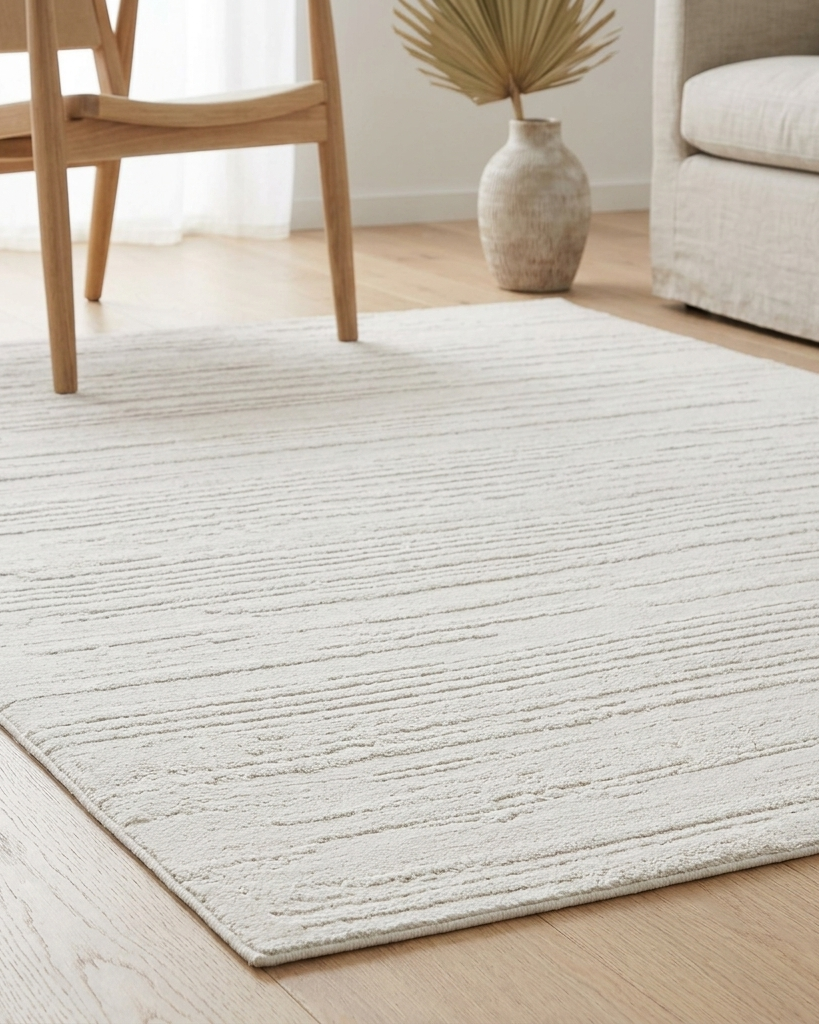 A light beige textured area rug with horizontal ribbed stripes laid out on a light wood floor in a bright living room, with a wooden chair, sofa, and vase visible.