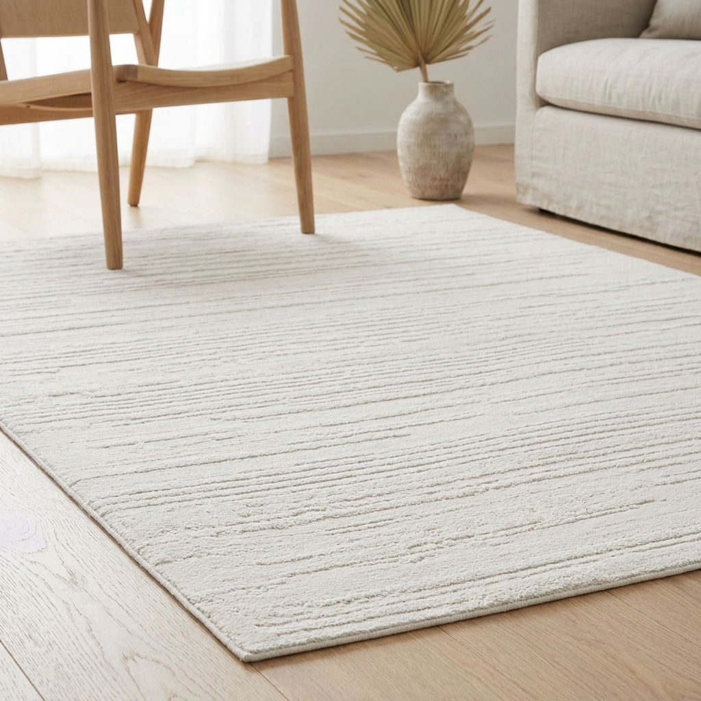 A light beige textured area rug with horizontal ribbed stripes laid out on a light wood floor in a bright living room, with a wooden chair, sofa, and vase visible.