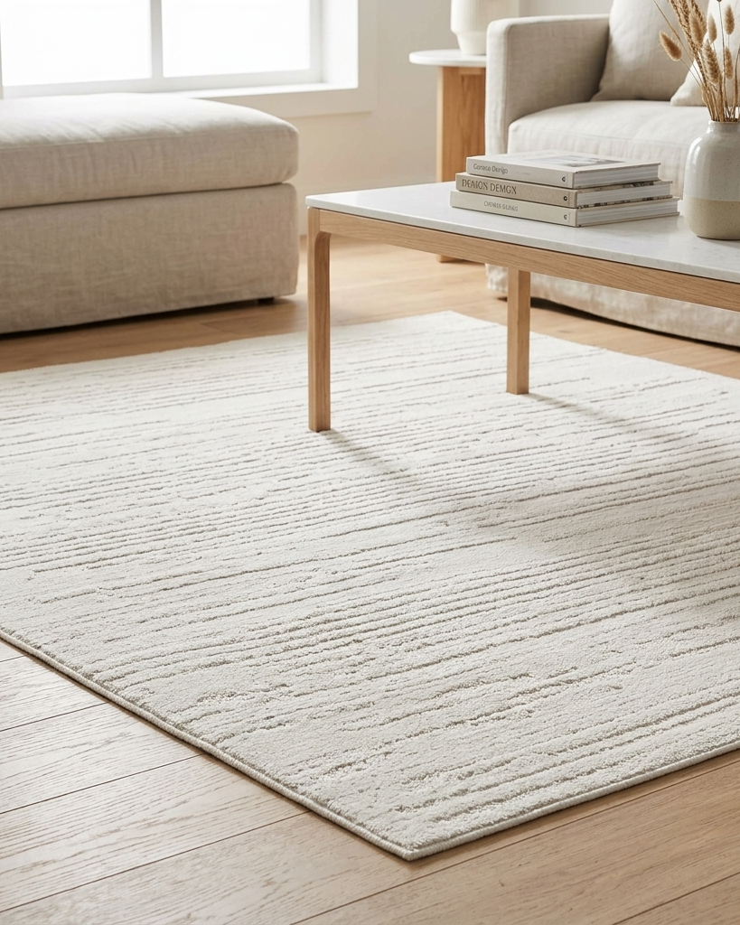 A light beige textured area rug on a light wood floor in a bright, modern living room setting with a white coffee table and neutral-toned sofa.