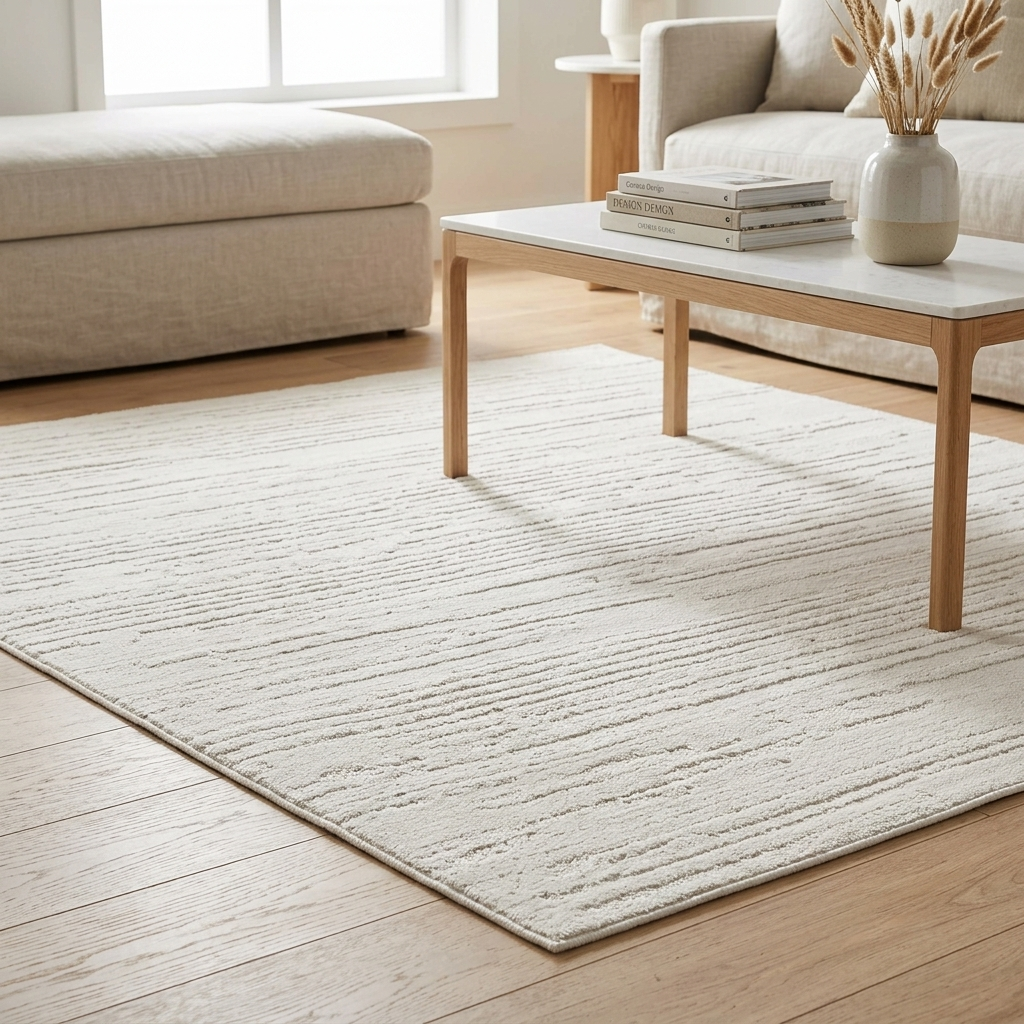 A light beige textured area rug on a light wood floor in a bright, modern living room setting with a white coffee table and neutral-toned sofa.