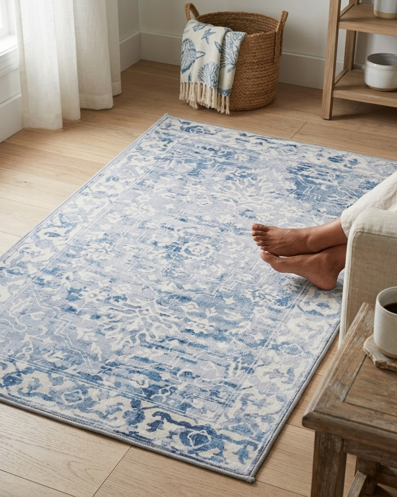 A rectangular area rug with a distressed blue and off-white traditional pattern, shown on a light wood floor in a bright living room corner with a person's legs and feet visible at the right edge.