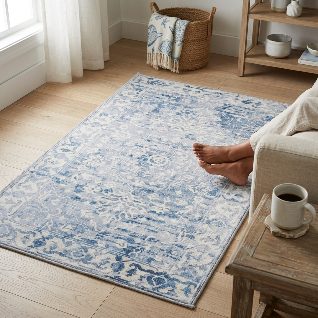 A rectangular area rug with a distressed blue and off-white traditional pattern, shown on a light wood floor in a bright living room corner with a person's legs and feet visible at the right edge.