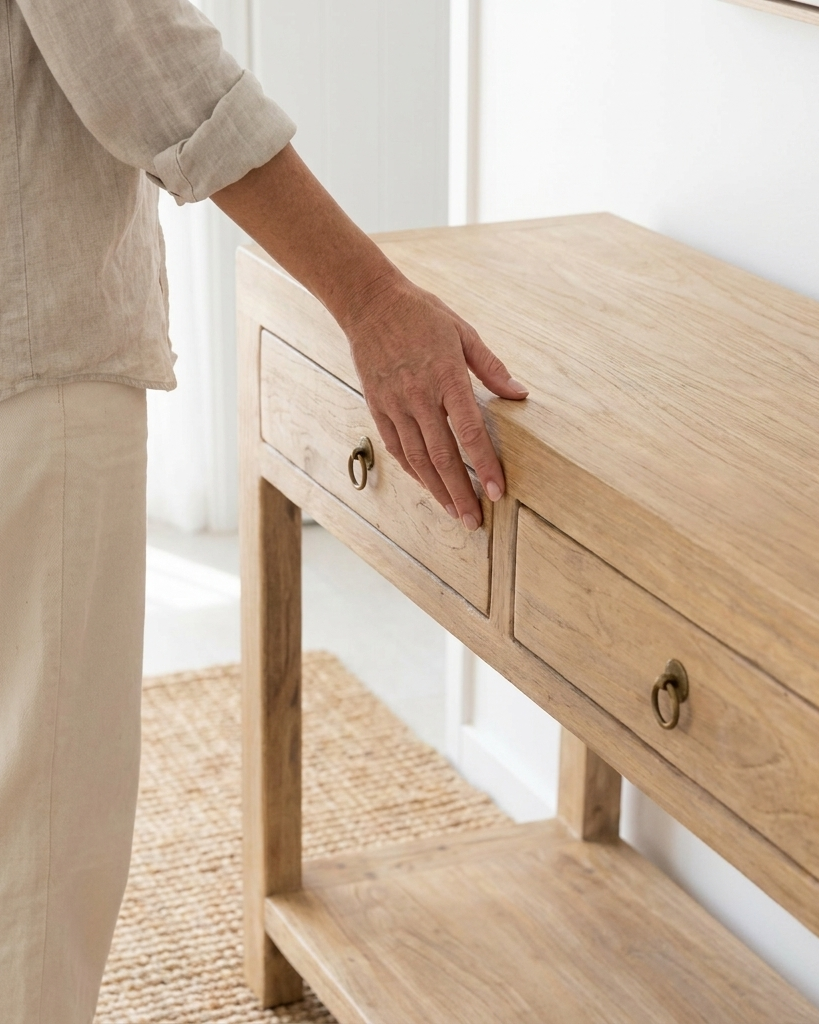 A light natural wood console table with two drawers and a lower shelf, shown in a bright room. A person wearing a beige linen shirt and pants is standing beside it, with one hand resting on the tabletop.