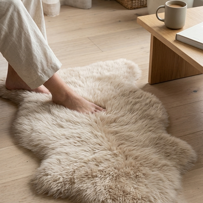 Person touching a fluffy rug on a wooden floor in a cozy room.