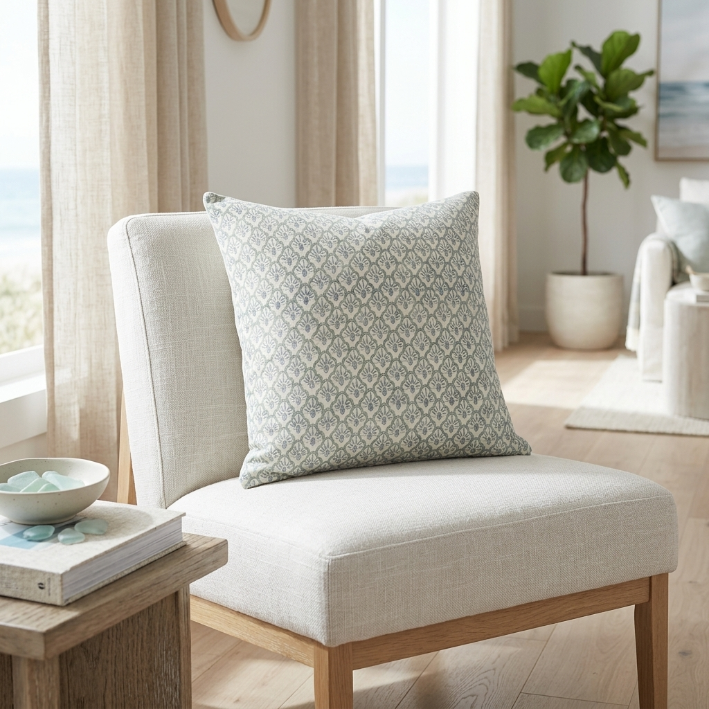 A square throw pillow with a light blue and white geometric lattice pattern rests on a light beige upholstered accent chair in a bright, modern living room setting.
