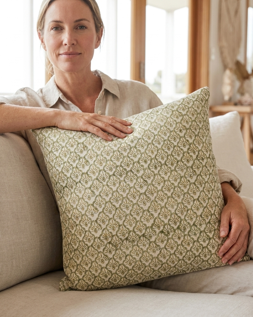 A woman sits on a light beige sofa holding a square decorative throw pillow with an olive green and cream geometric floral pattern.