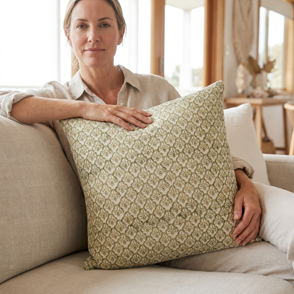 A woman sits on a light beige sofa holding a square decorative throw pillow with an olive green and cream geometric floral pattern.