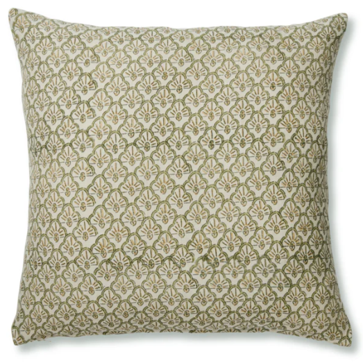 A square decorative throw pillow featuring an all-over repeating block-print style floral and geometric pattern in muted olive green and beige on an off-white background.