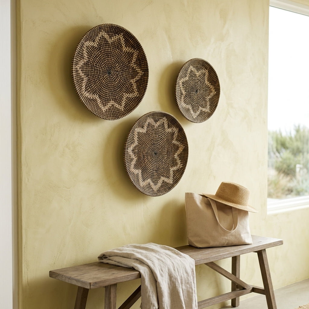 Three round woven wall baskets with geometric starburst patterns in brown and beige hang on a textured yellow wall above a rustic wooden bench with a hat and cloth.